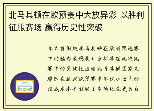 北马其顿在欧预赛中大放异彩 以胜利征服赛场 赢得历史性突破