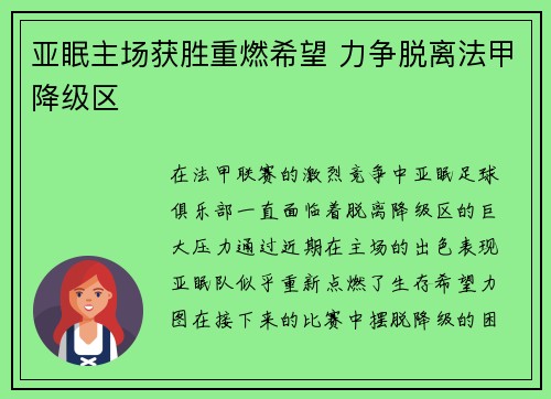 亚眠主场获胜重燃希望 力争脱离法甲降级区