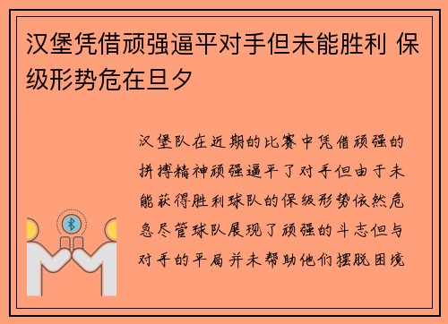 汉堡凭借顽强逼平对手但未能胜利 保级形势危在旦夕