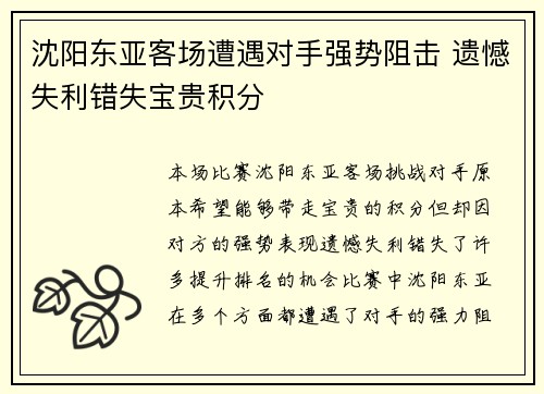 沈阳东亚客场遭遇对手强势阻击 遗憾失利错失宝贵积分