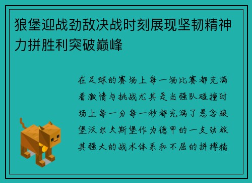 狼堡迎战劲敌决战时刻展现坚韧精神力拼胜利突破巅峰