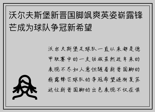 沃尔夫斯堡新晋国脚飒爽英姿崭露锋芒成为球队争冠新希望