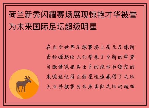 荷兰新秀闪耀赛场展现惊艳才华被誉为未来国际足坛超级明星