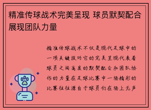 精准传球战术完美呈现 球员默契配合展现团队力量