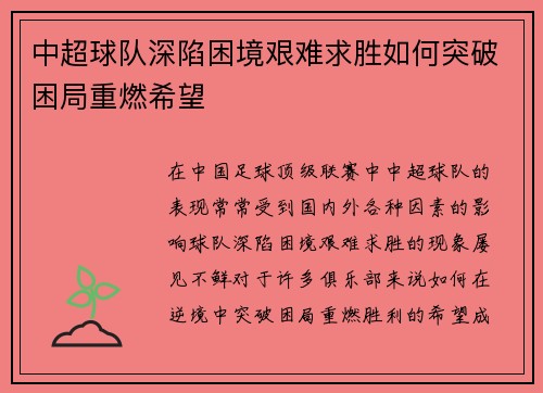 中超球队深陷困境艰难求胜如何突破困局重燃希望